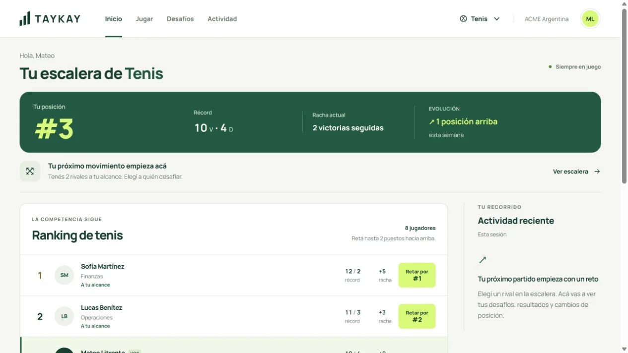 Captura real de Inicio en la aplicación TAYKAY